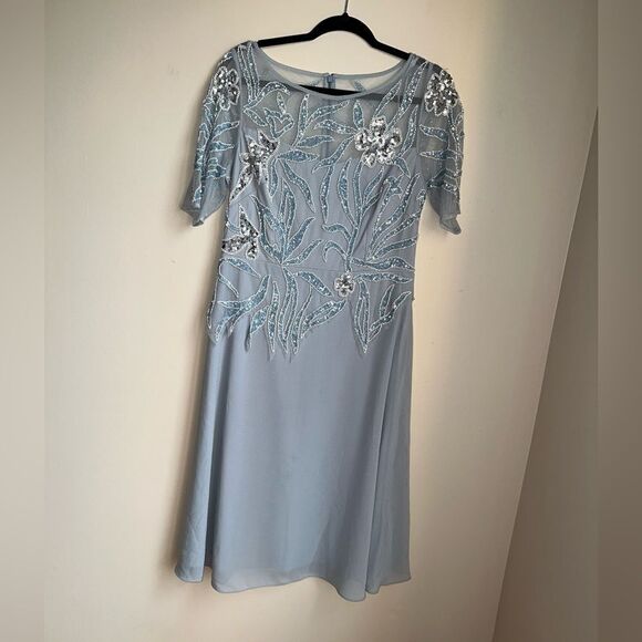ADRIANNA PAPELL WOMEN'S BEADED COCKTAIL DRESS BLUE SIZE‎ 10 chiffon - Picture 2 of 6